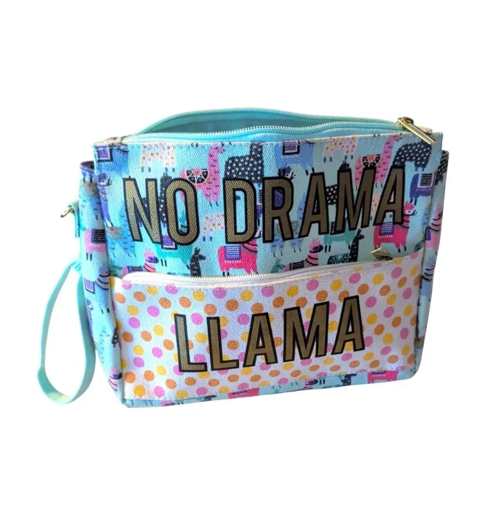 No Drama Llama Canvas Wristlet Light Teal Llama Print Dual Zipper Pouch
